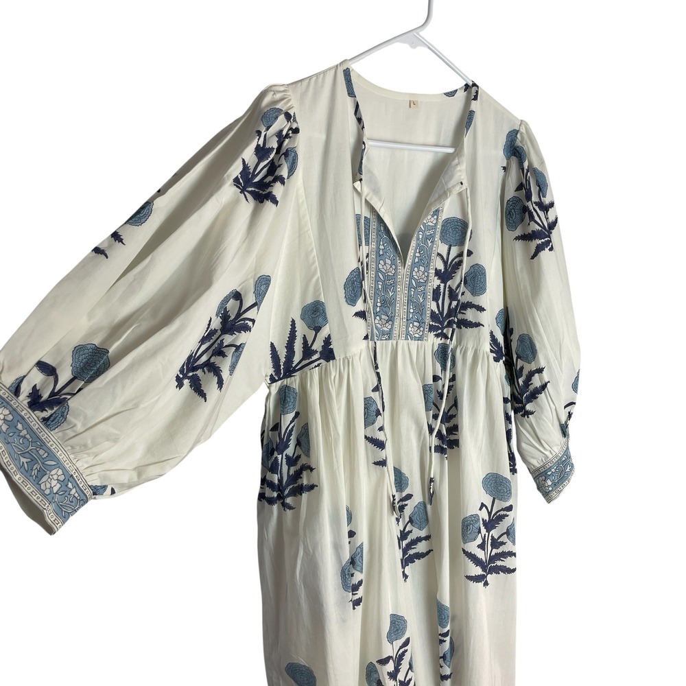 Womens Floral Block Print Midi Dress Sz L White Boho Balloon Sleeve Empire Waist